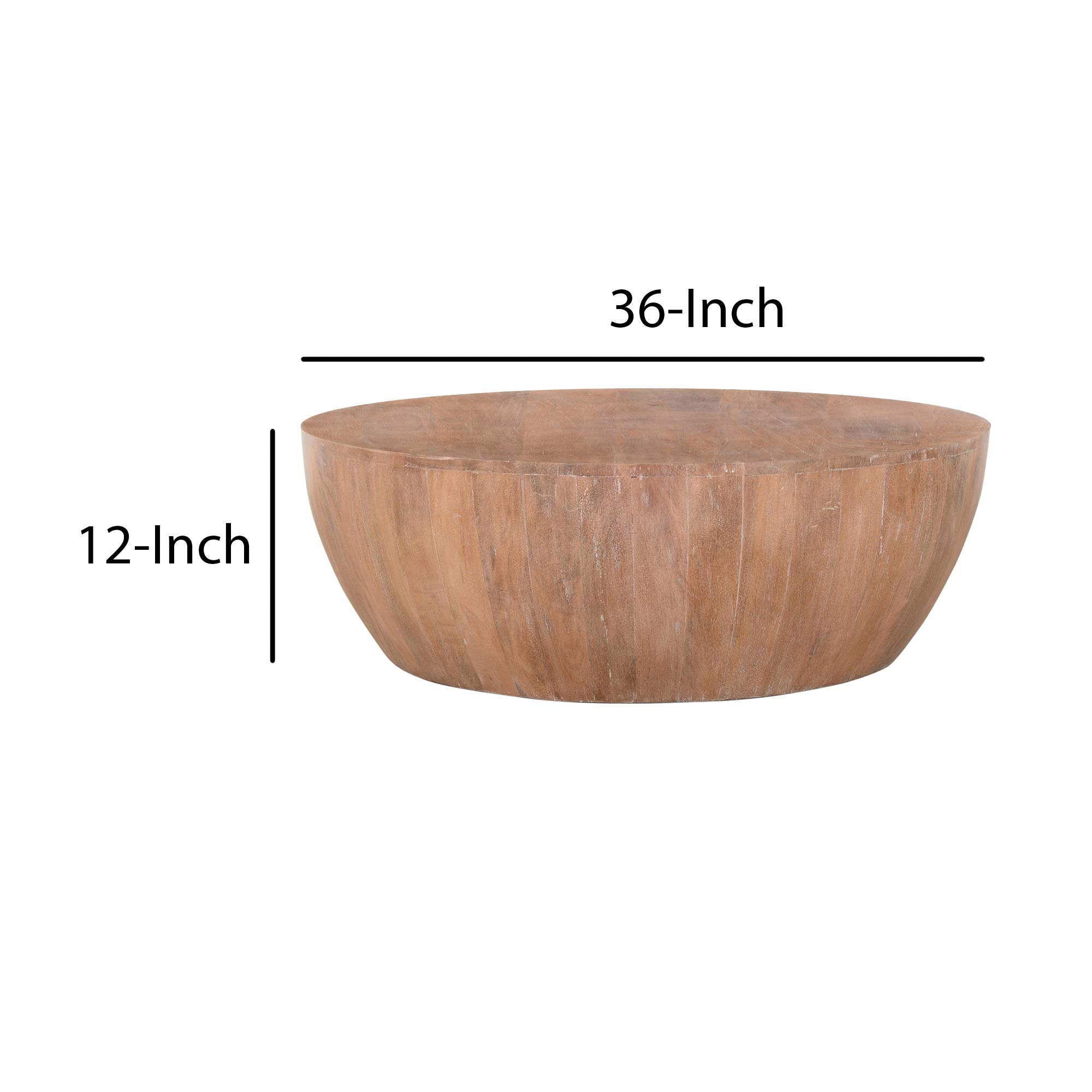 【Furniture】Drum Shape Wooden Coffee Table with Plank Design Base, Brown