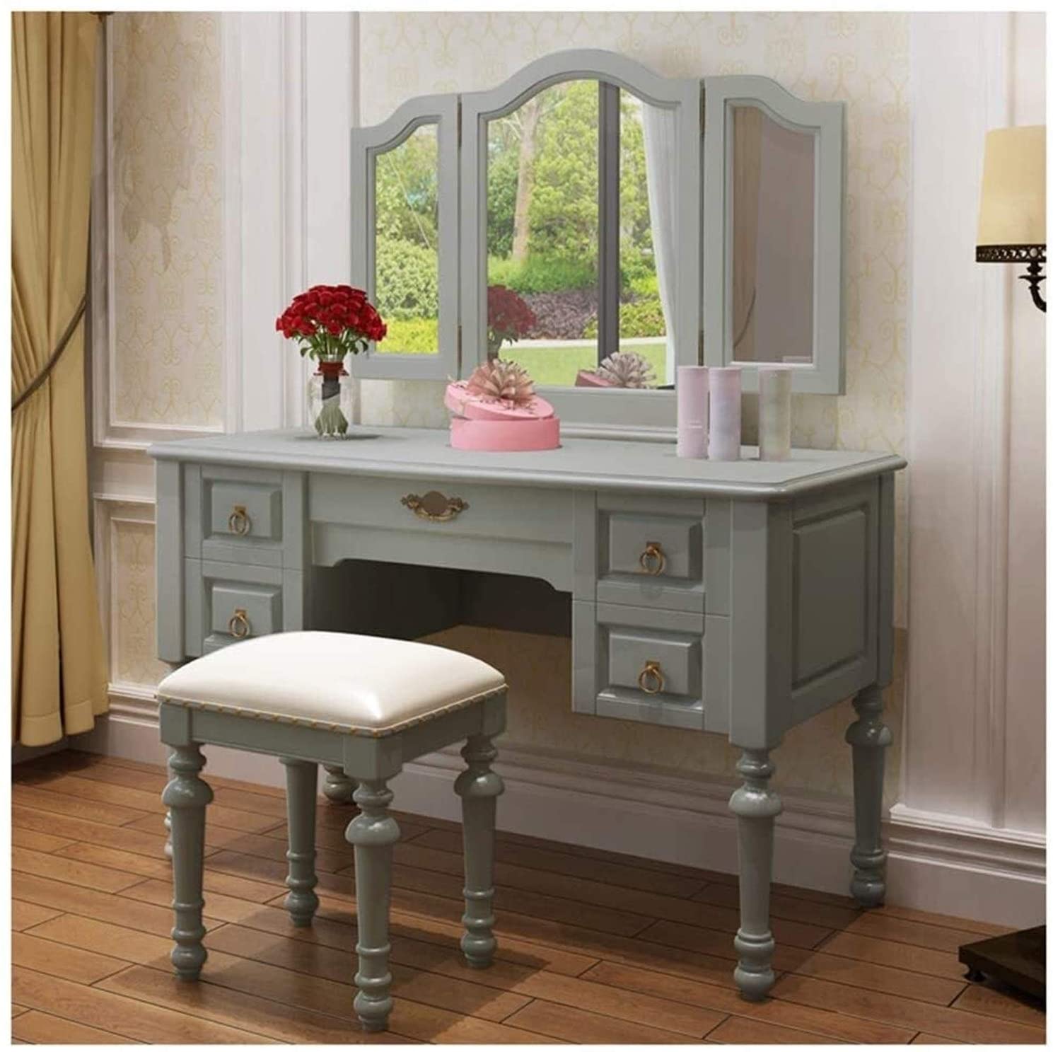 LXYYY Best Design Vanity Benches Home Vintage Style Dressing Table Padded Stool Oval Mirror Drawers 23pc Set 47.2x21.6x29.5 n