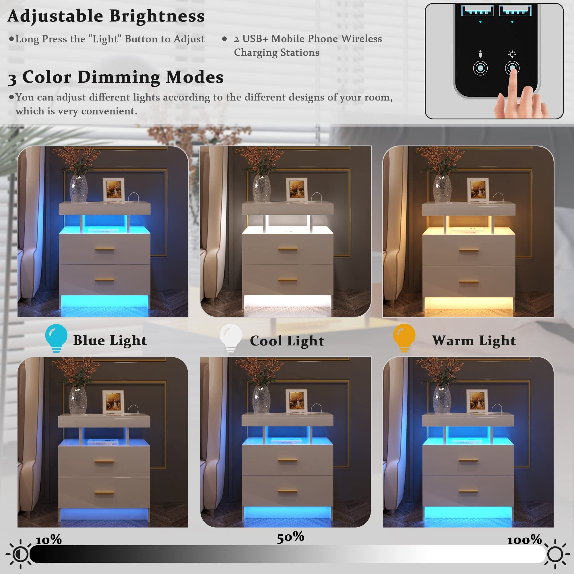 【Furniture】LED White Nightstand with 3 Colors Adjustable 2 USB Ports and Wireless Charging Station, High Gloss Nightstand with 2 Drawers