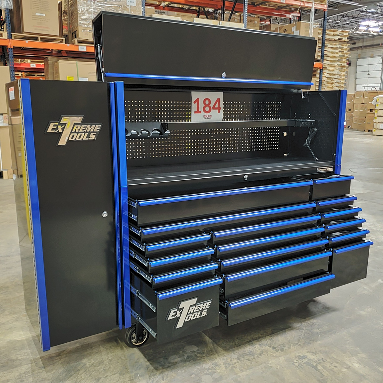 used toolboxScratch & Dent, Extreme Tools DX Series 72 x 21 Triple Bank Roller, Hutch & Side Locker Combo in Black-Blue