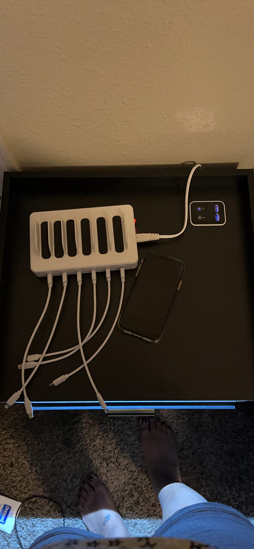 【Furniture】Black Nightstand with Charging Station, Night Stands with 2 Drawers, Smart Nightstand Bedside Table Led