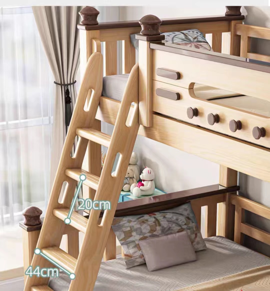 Double bunk bed, convertible into two independent solid rubber wood beds.