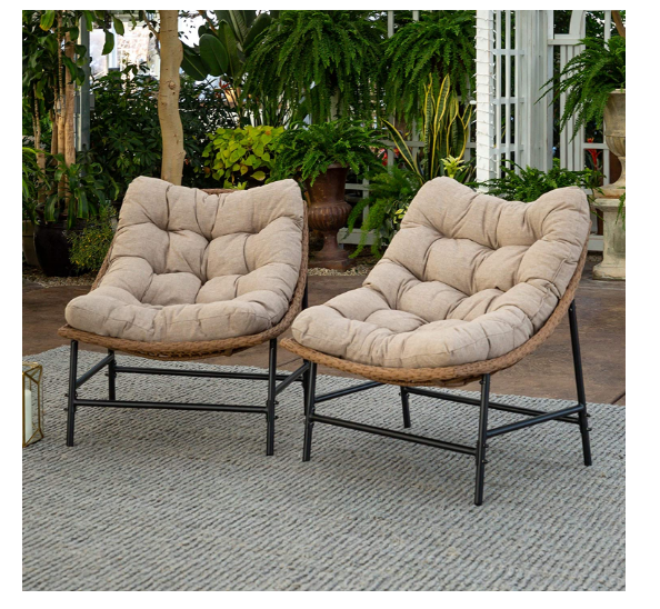 Walker Edison Estrella Modern 2 Piece Rattan Scoop Chair Set, Set of 2, Natural