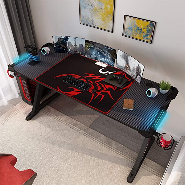DESIGNA Gaming Desk with LED Lights, 60 inch Computer Gaming Desk Z-Shaped with Mouse Pad, Handle Rack, Cup Holder, Headphone Hook, Black