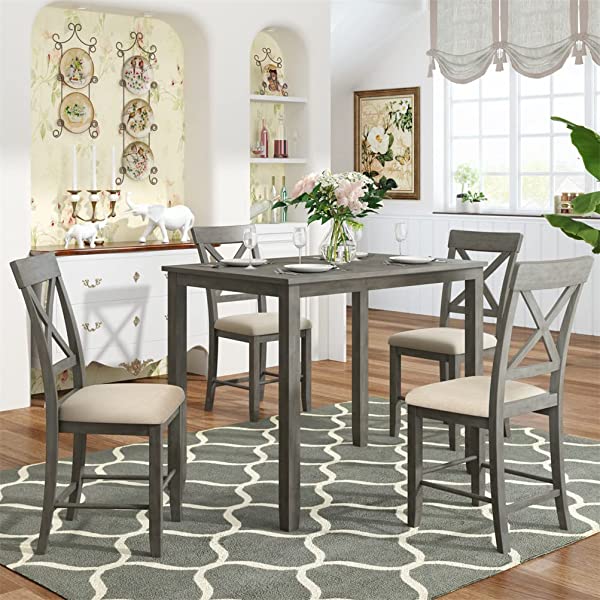 Wood 5 Pcs Counter Height Dining Table Set with 4 Upholstered Chairs,Kitchen Dining Table Set for Dining Room, Kitchen, Dinette, Compact Small Space,4 Chairs and Table Furniture Set