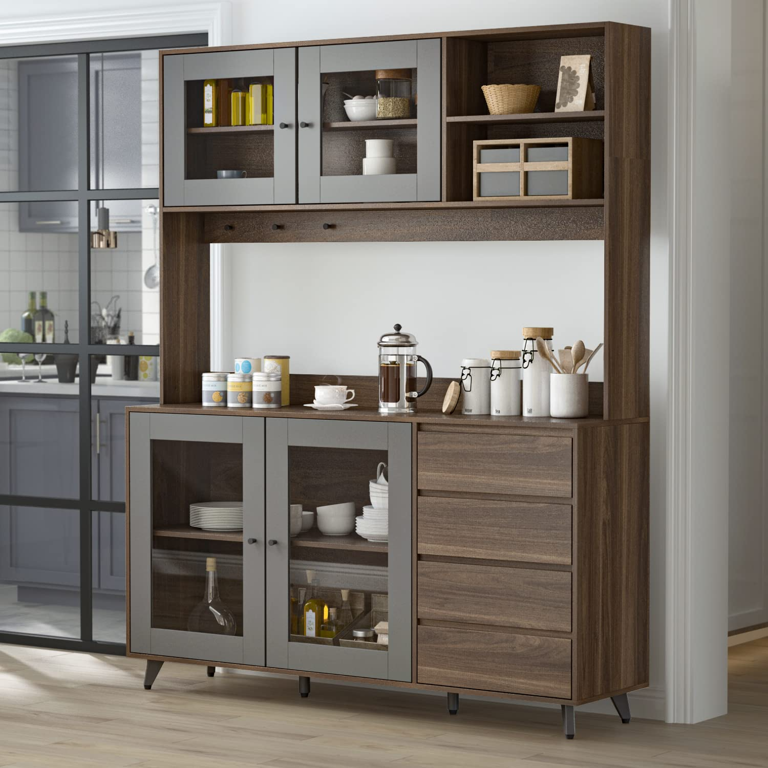 【Furniture】Freestanding Kitchen Pantry Storage Cabinet with Glass Doors, Shelves & Drawers