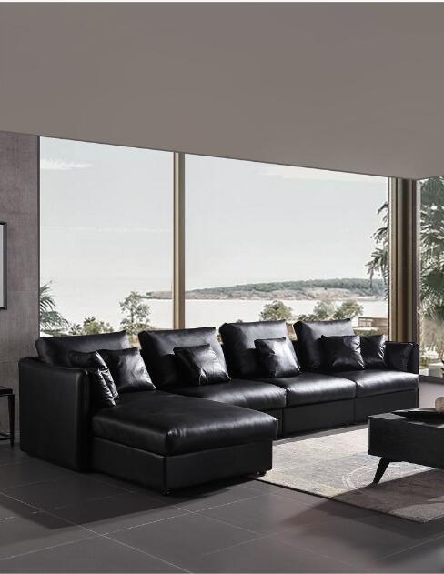 Italian high-grade black leather sofa living room modern corner combination imported oral leather size