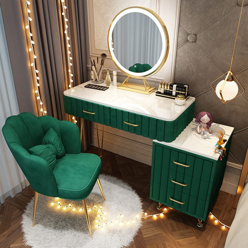 【Furniture】Marble Dresser Set with Illuminated LED Touch Screen Dimmable Round Mirror Makeup Cabinet