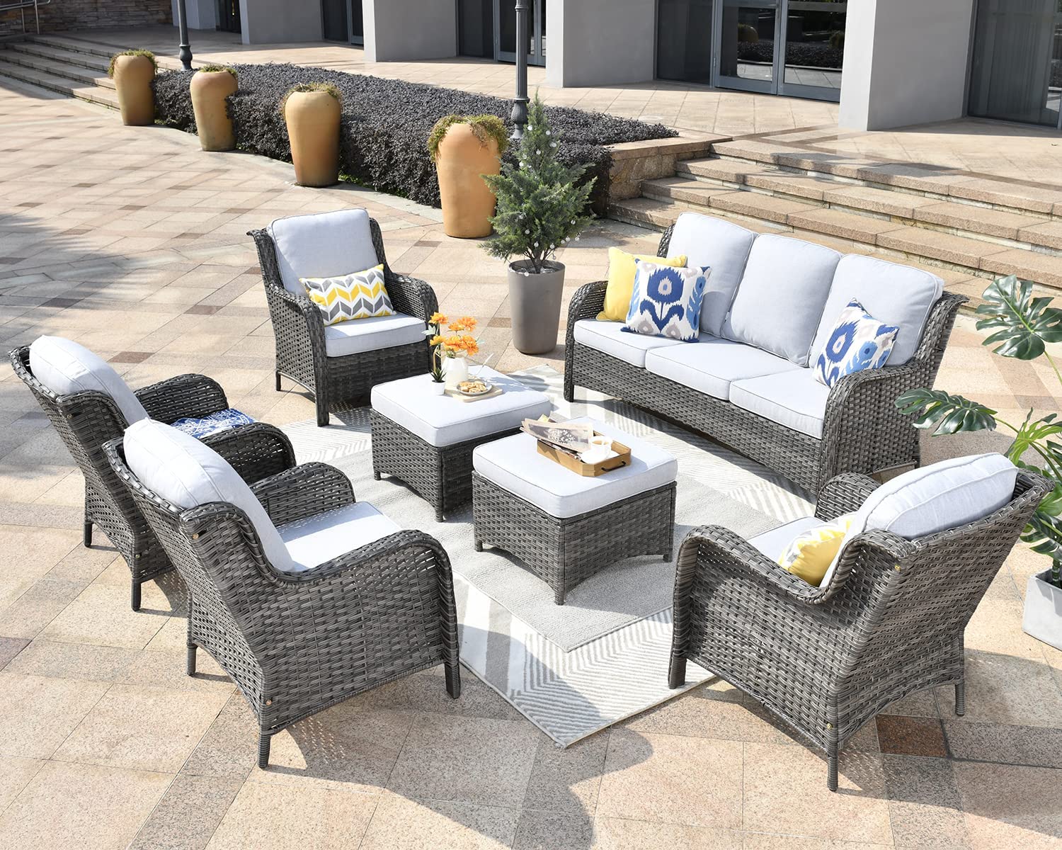 【Furniture】Outdoor Furniture Patio Furniture Set 7 Pcs All Weather Wicker Patio Conversation