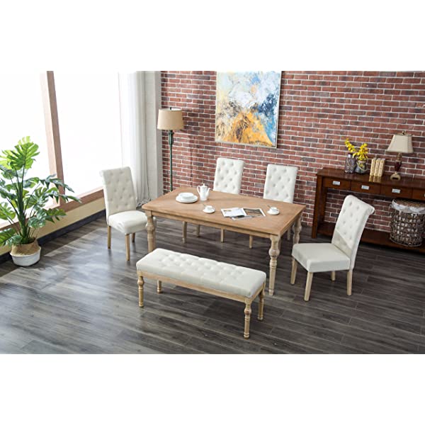 Roundhill Furniture Habitanian 6-Piece White Wash Dining Set with Tufted Chairs and Bench, Beige