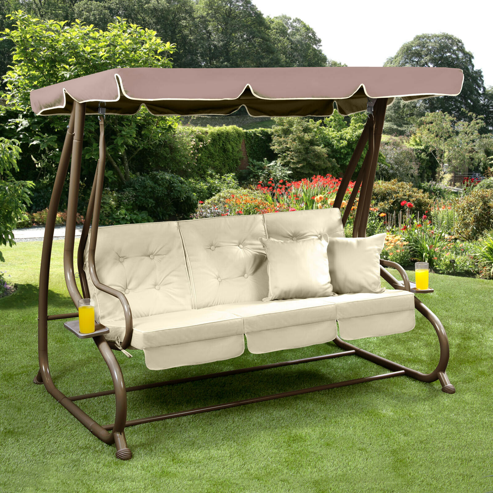3 Seat Swing Hammock Bed Heavy Duty Garden Bench Patio Brown Cream Seat
