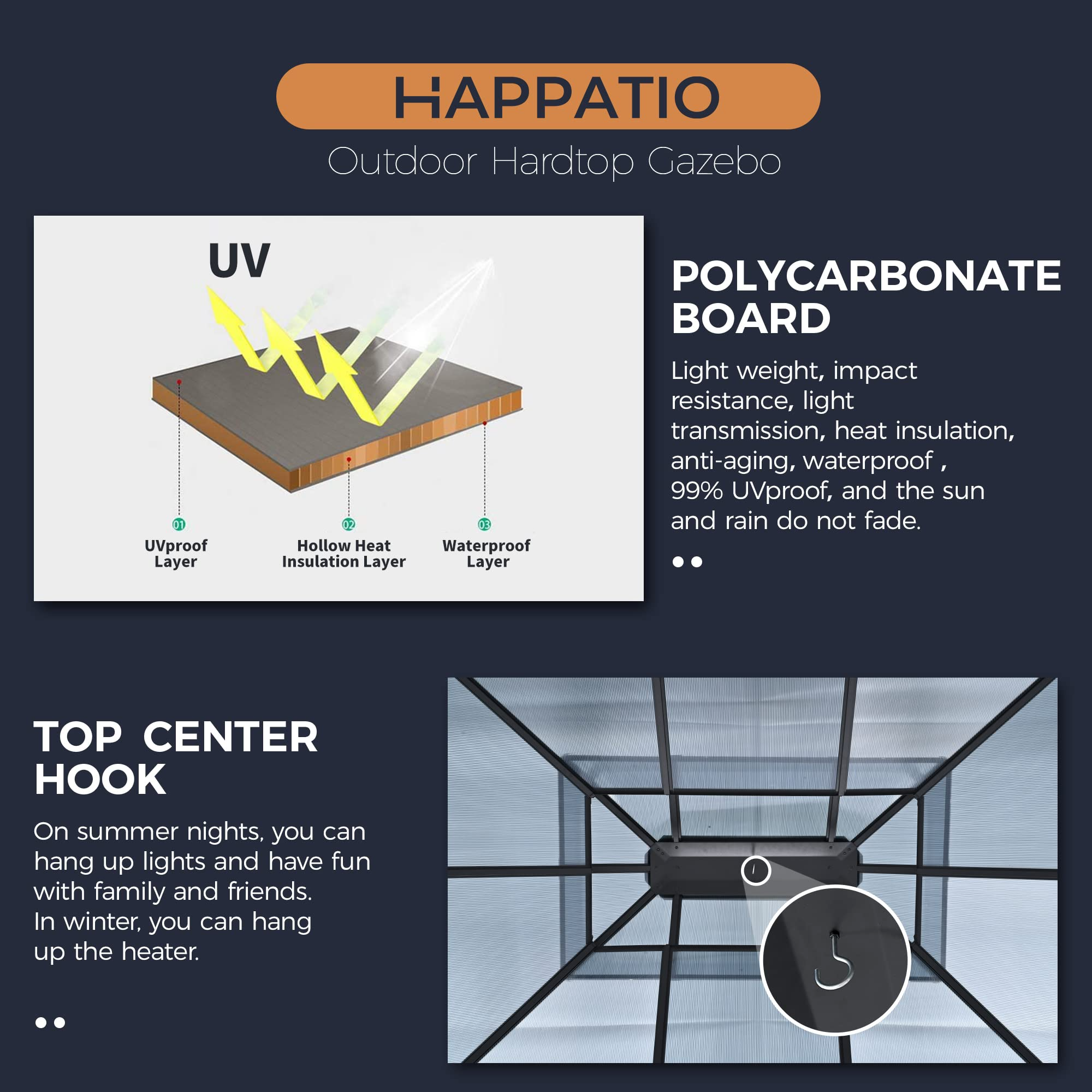 【Gazebo】10'x12' Outdoor Polycarbonate Double Hardtop Roof Gazebo, Aluminum Furniture Gazebo Canopy