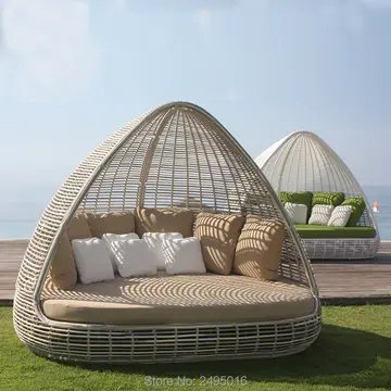 【Furniture】Rattan Wicker Sofa Bed, Creative Bird's Nest Patio Daybed Furniture, Outdoor Rattan Sun Loungers