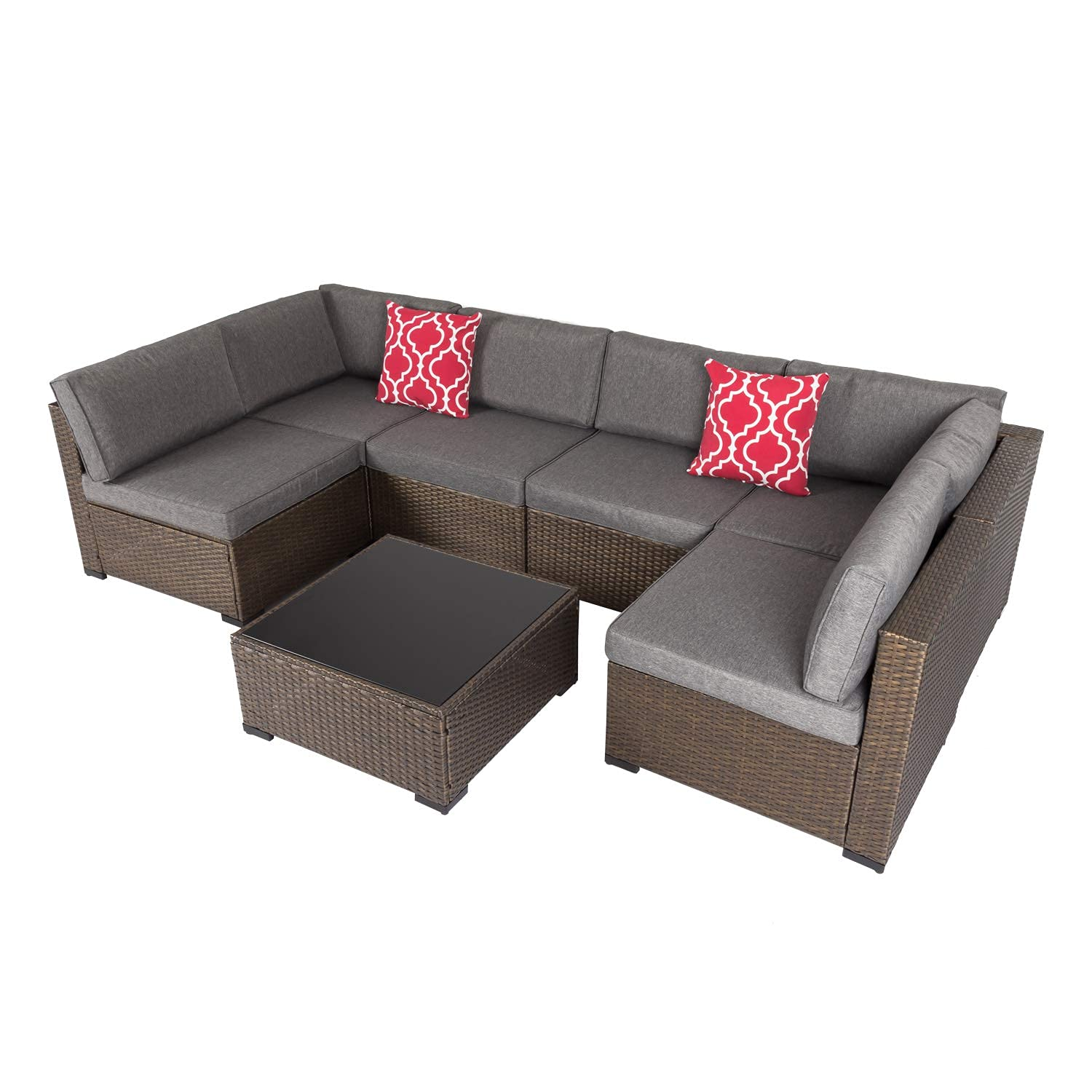 【Furniture】Outdoor Furniture Set, 7 Pcs Sectional Patio Furniture, PE Rattan Coversation Sofa Set