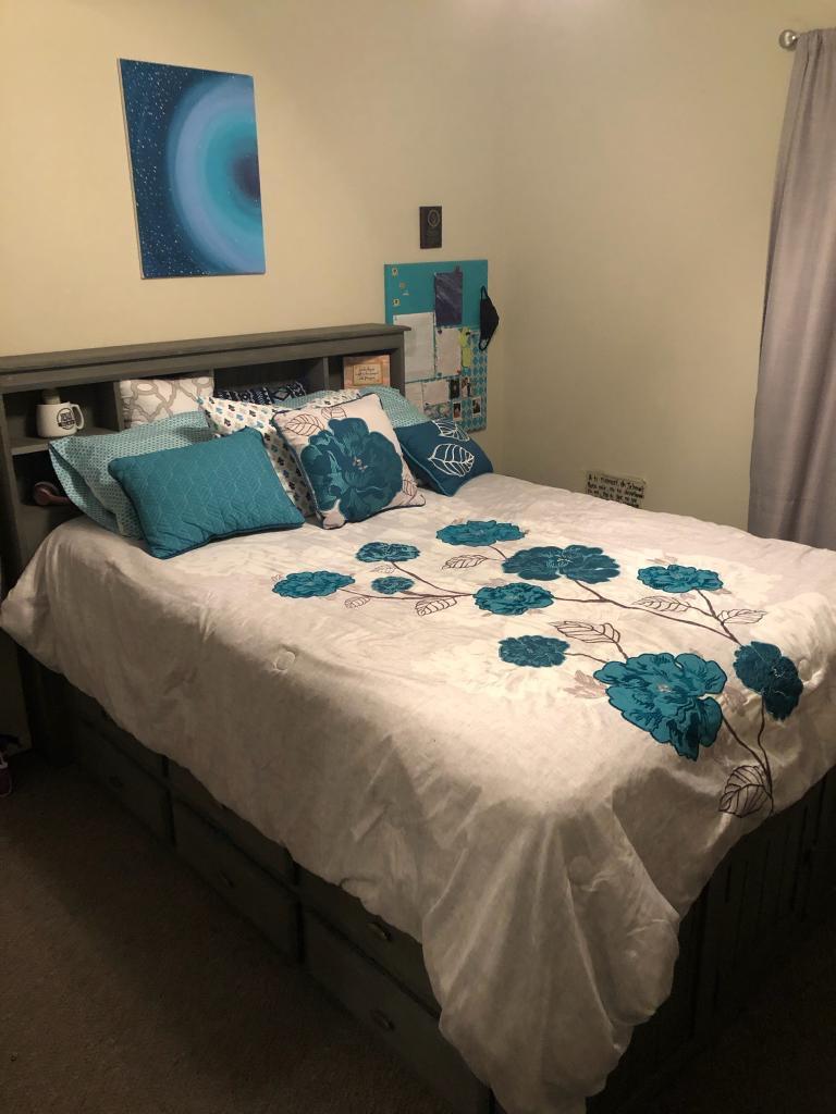 【Furniture】Charcoal Full Bookcase Bed with 12 Drawers