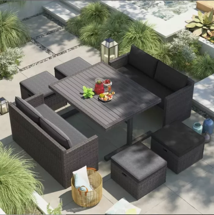 RECTANGULAR 8 - PERSON 57.09'' LONG DINING SET WITH CUSHIONS