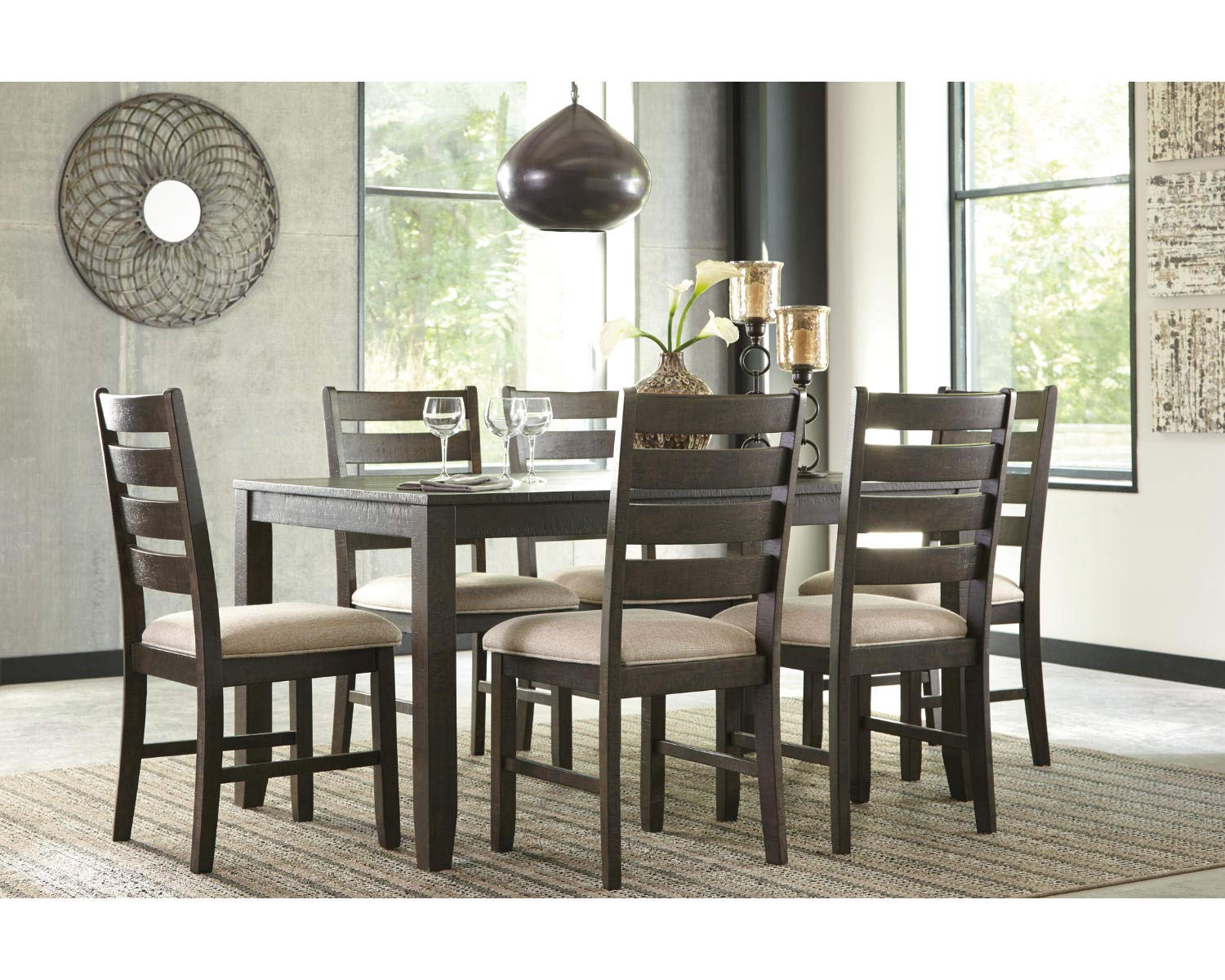 【Furniture】Dining Room Table Set with 6 Upholstered Chairs, Brown