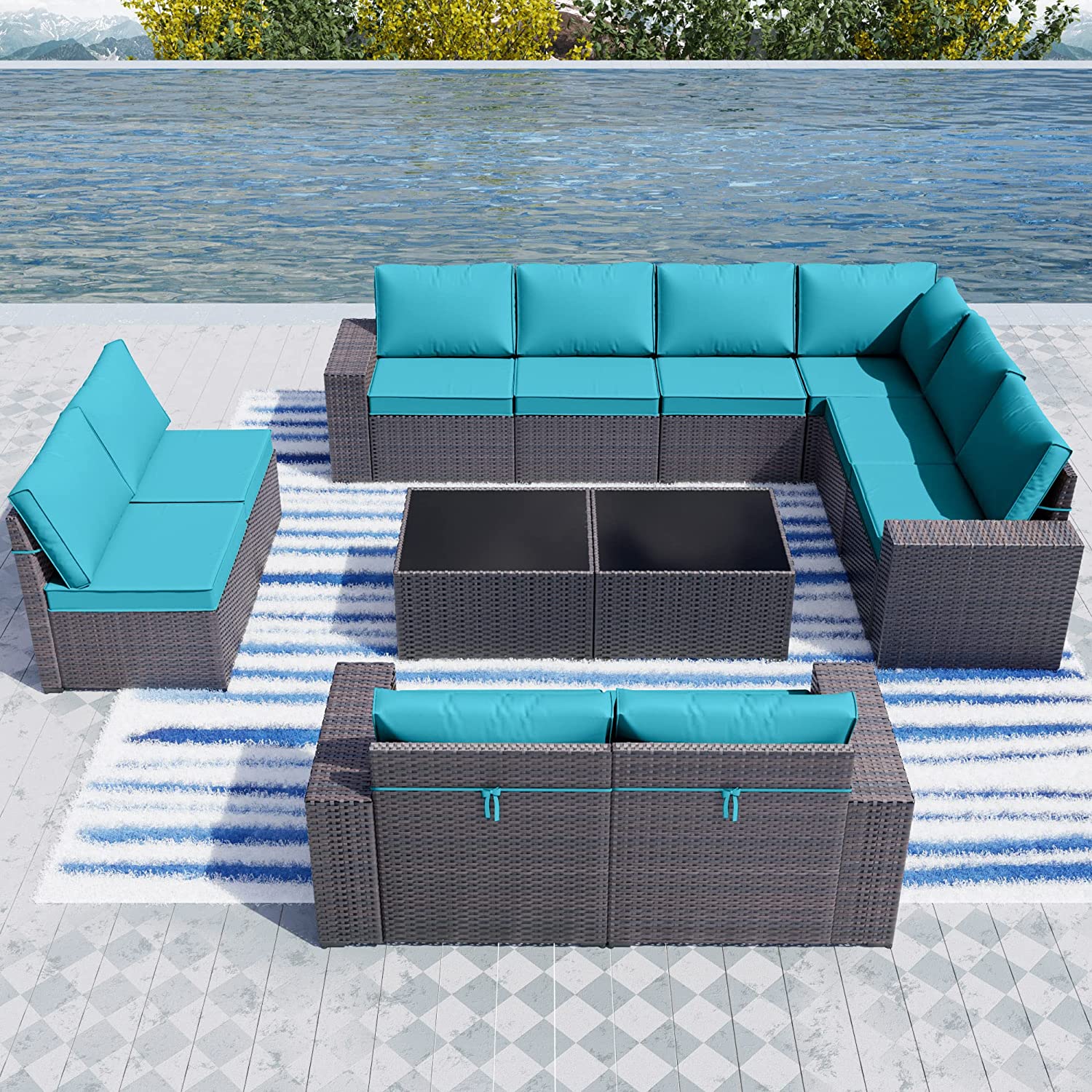 【Furniture】Outdoor Patio Furniture Set 12-Pc Sectional Rattan Sofa Set Brown PE Wicker Patio Conversation Set