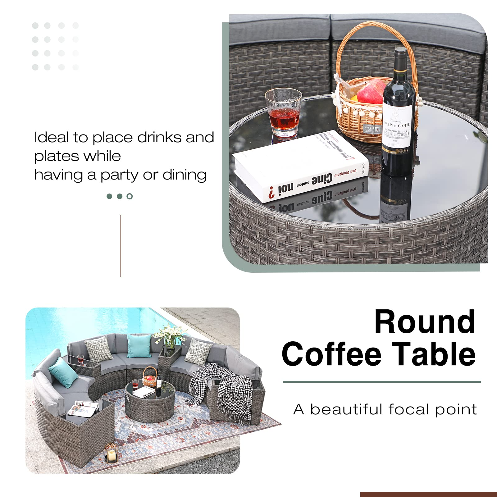 【Home&Garden】Outdoor Patio Furniture 11-Piece Half-Moon Sectional Round Patio Furniture Set