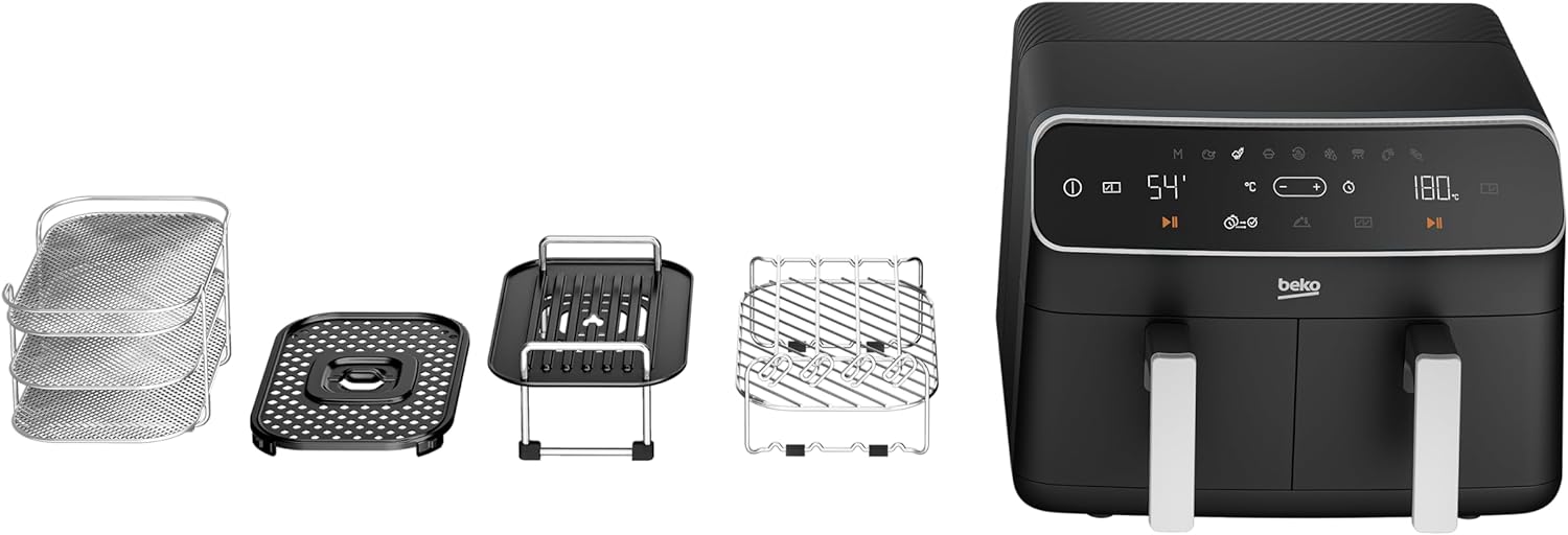 Beko Dual Zone Air fryer ExpertFry FRL5388B | 8.5L Capacity | Smart Finish | Match Cook | Wide LED Screen | 9 Automatic Cooking functions | Dehydrate | Air Fry