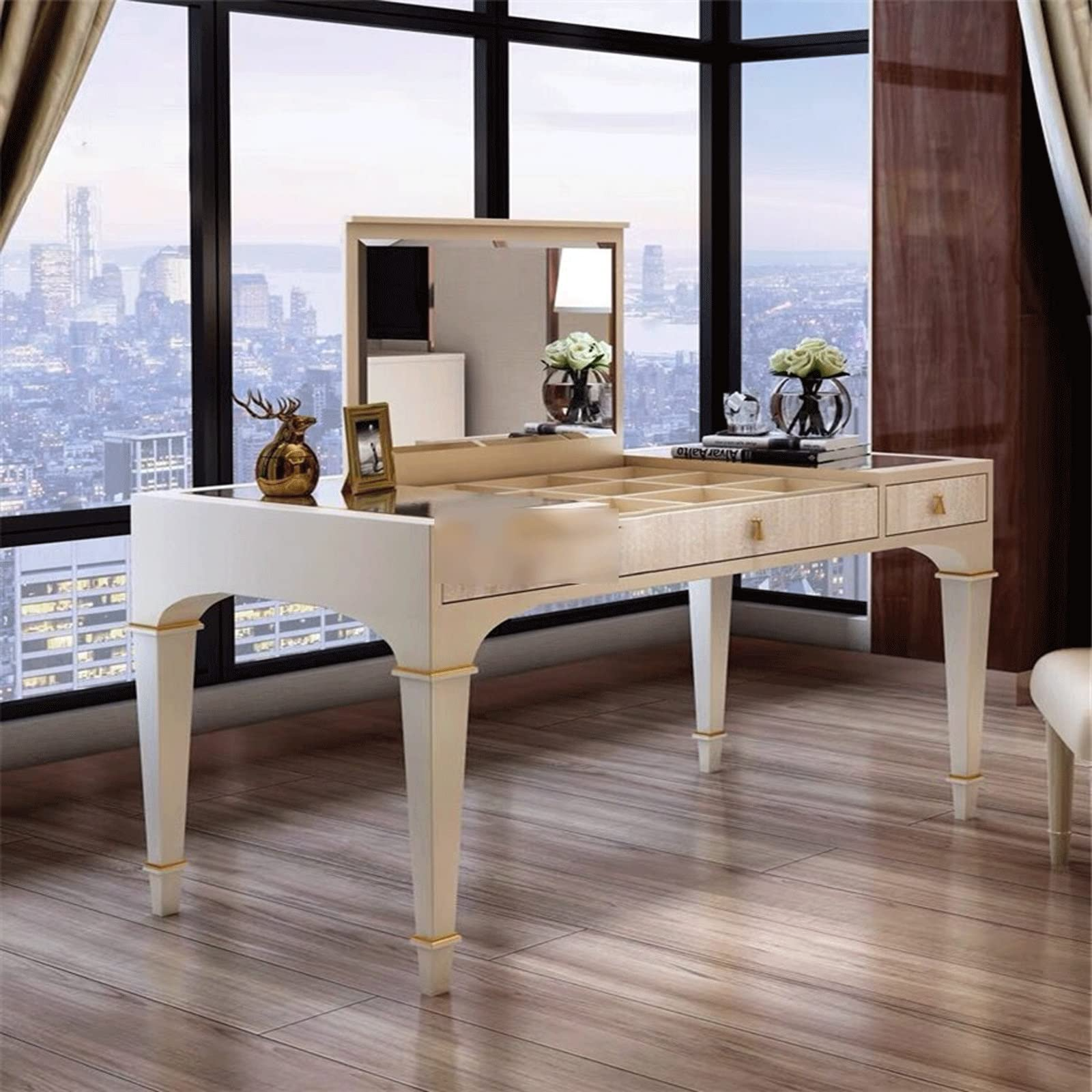 【Furniture】Vanity Sesk with Mirror & Lights Light Luxury Solid Wood Dressing Table Modern Minimalist