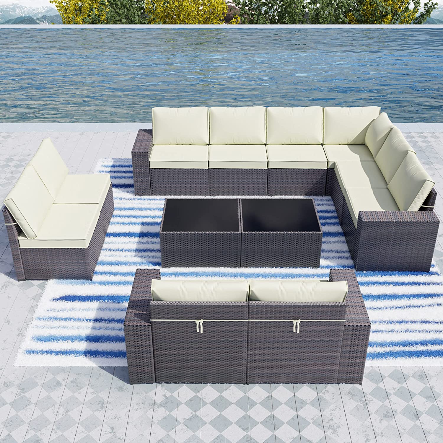 【Furniture】Outdoor Patio Furniture Set 12-Pc Sectional Rattan Sofa Set Brown PE Wicker Patio Conversation Set