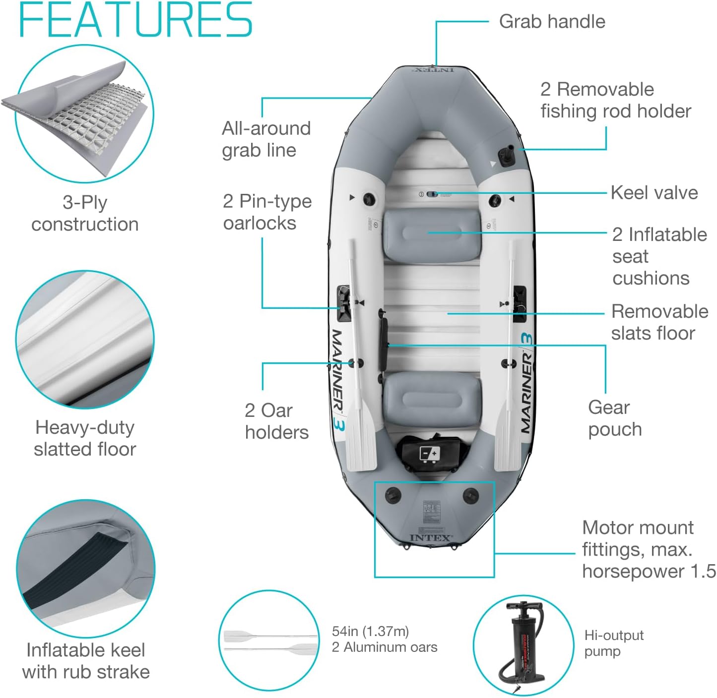 INTEX 68376EP Mariner 4 Inflatable Boat Set: Includes Deluxe 54in Aluminum Oars and High-Output Pump – SuperTough PVC – Inflatable Thwart Seats – 4-Person – 1100lb Weight Capacity