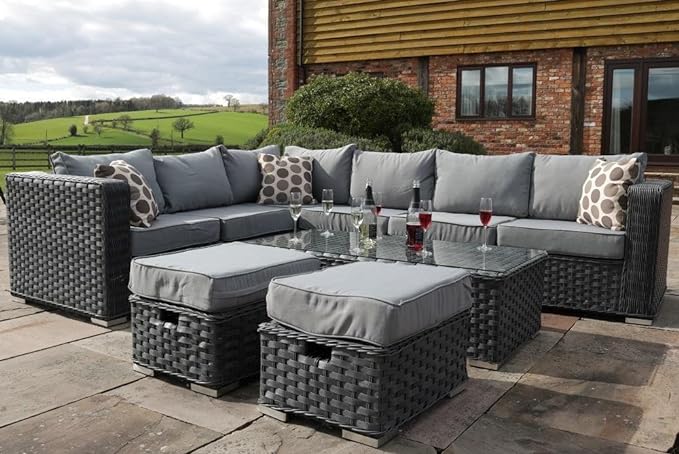 YAKOE 50020 Poppy Greenhouse Modular 9-Seater Rattan Corner Garden Sofa Furniture Set - Gray