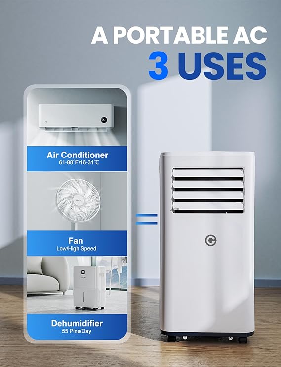 Air Conditioning Unit Portable Air Conditioner 9000 BTU 4-in-1 Dehumidifier, Cooling Fan with 2 Speeds, Digital Display & Remote Control, Window Kit