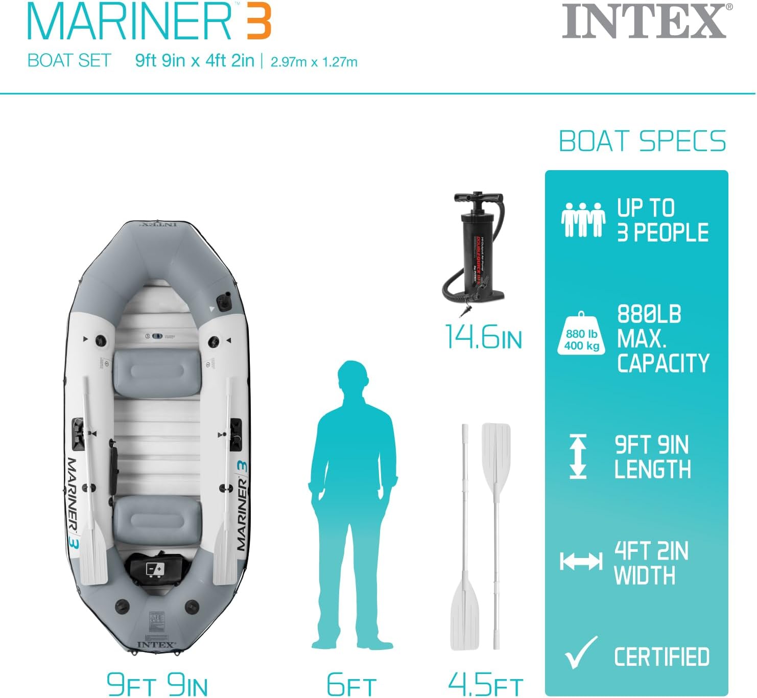 INTEX 68376EP Mariner 4 Inflatable Boat Set: Includes Deluxe 54in Aluminum Oars and High-Output Pump – SuperTough PVC – Inflatable Thwart Seats – 4-Person – 1100lb Weight Capacity