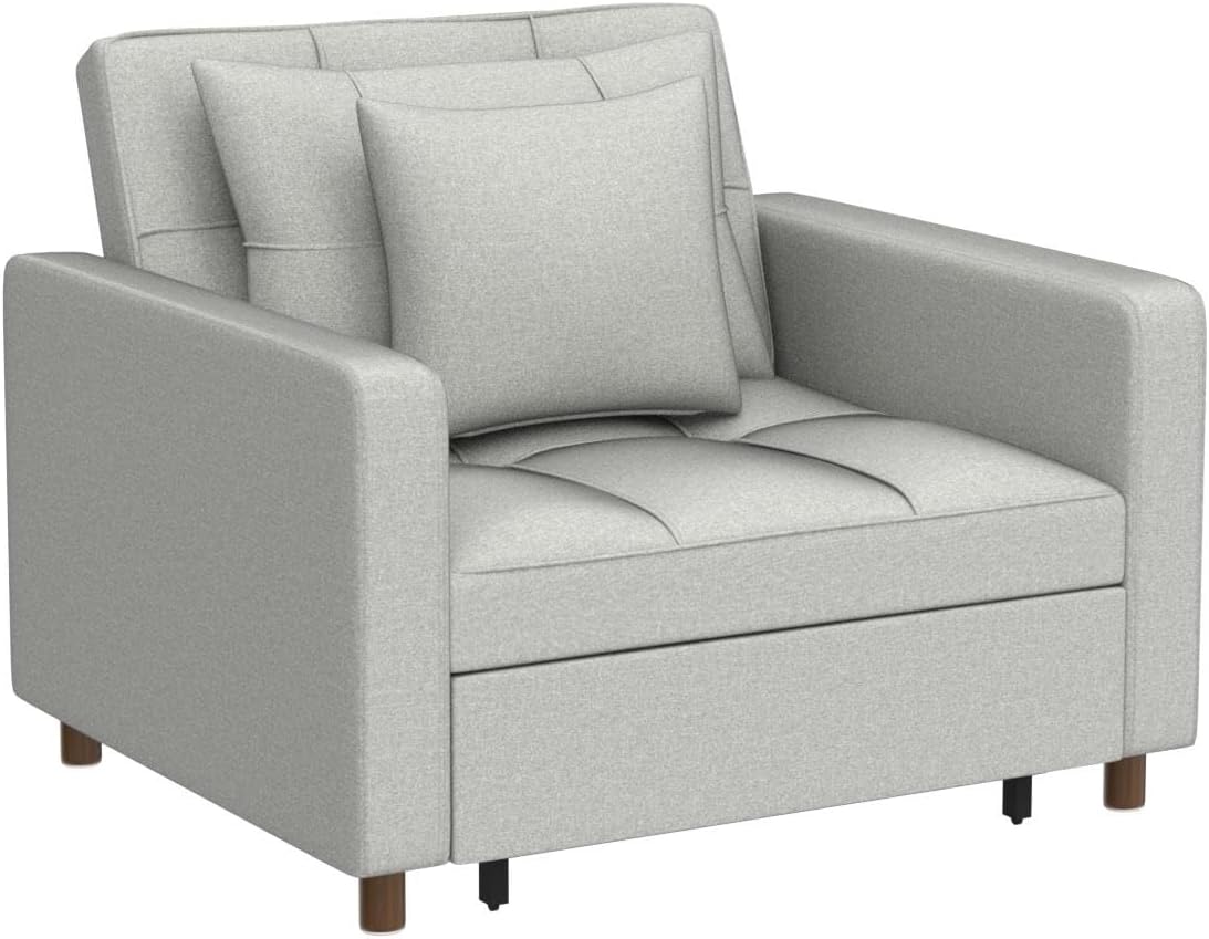 YODOLLA 3-in-1 Convertible Chair Bed, Sleeper Chair Bed, Pull Out Sleeper Chair Beds, Adjustable Single Armchair Sofa Bed with Side Pocket and Adjust Backrest Into a Sofa, Grey